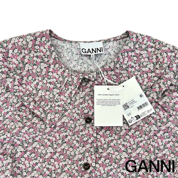 GANNI **NWT** Frost Gray Floral Print Cotton Poplin Double-Collar Shirt - Picture 16 of 16